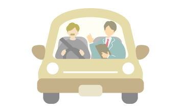 イラスト：外国人の男性が運転教習を受けている様子