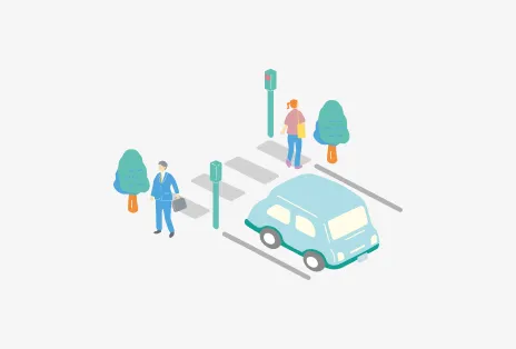 イラスト：横断歩道の前で車が停止している様子
