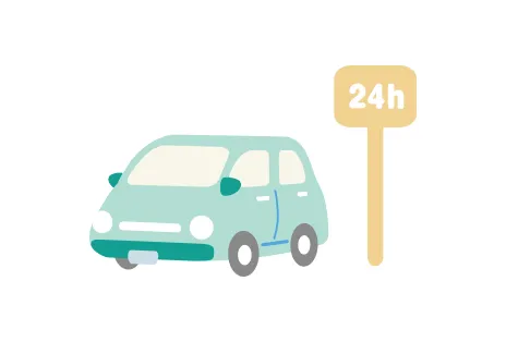 イラスト：車が施設の看板の横に停まっている様子