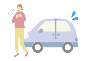 イラスト：車の前でため息をついている女性